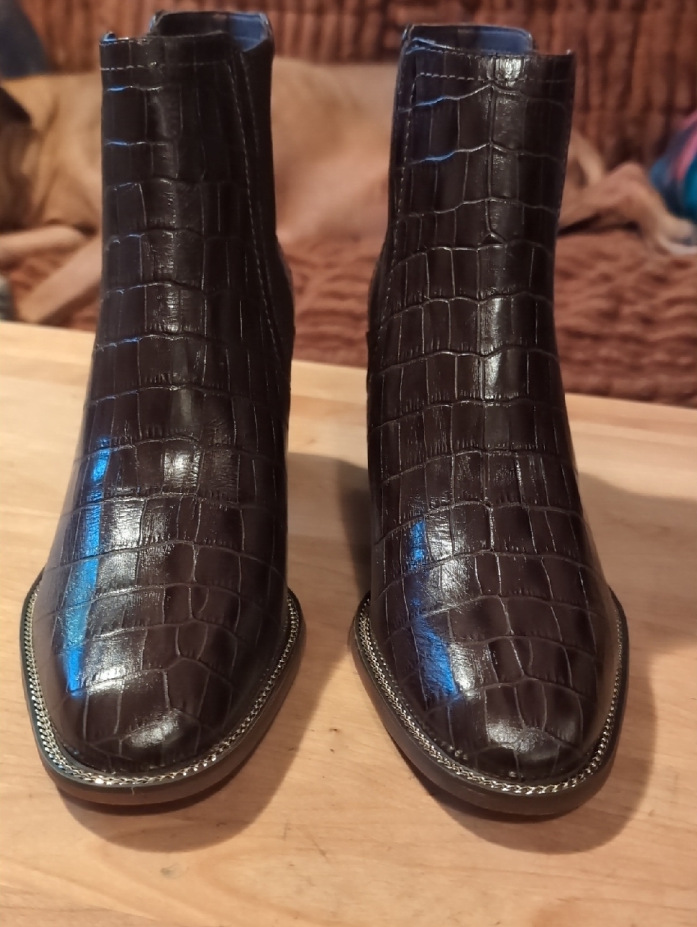 Vince Camuto Dark Brown Croc-Embossed Pointed Toe Ankle Boots